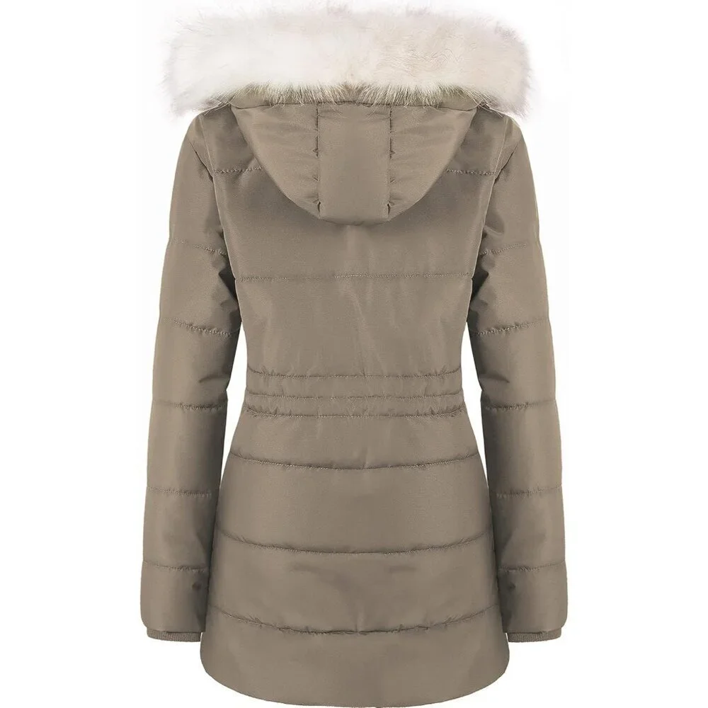 Women's Khaki Winter Warm Long Drawstring Waterproof Snow Puffer Jacket